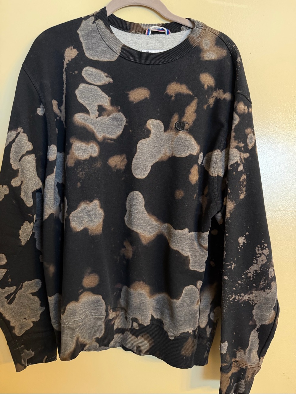 Champion Black Crewneck with Brown Bleach Pattern